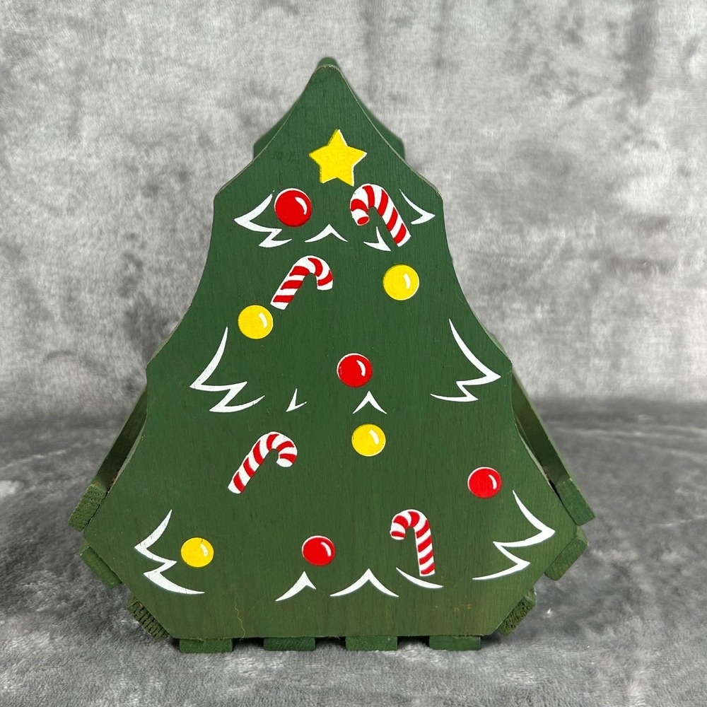 Vintage Wooden Christmas Tree Caddy Green Hand Painted Holiday Decor Carrier